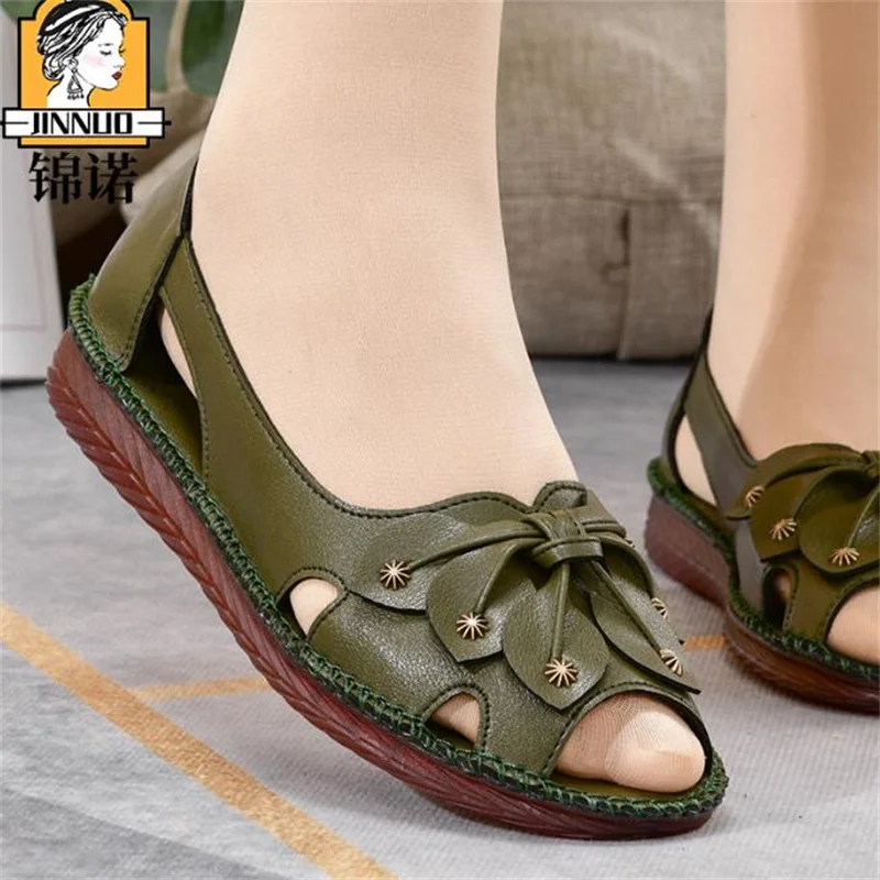 Women\'s Sandals Summer Fashion Genuine Leather Wedges Comfort Ladies Shoes Women Flats Soft Plus Size Sandals Mother Shoes 35 43