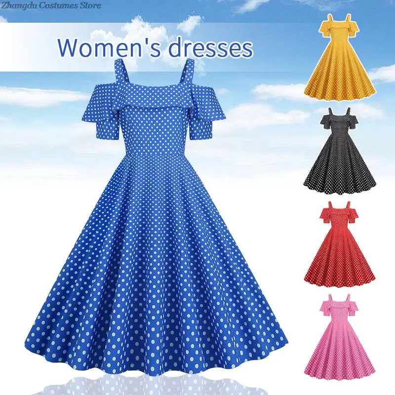 

Women Elegtant Polka Dot Printed Vintage Dress Summer Retro 50s 60s Swing Dresses Retro Rockabilly Party Dress Sundress