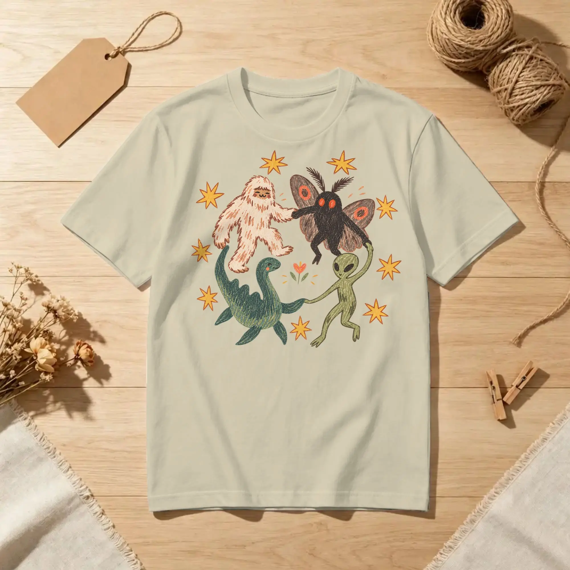 Dancing Cryptids T Shirts Men Pure Cotton Vintage T-Shirts Bigfoot Alien Mothman Loch Ness Tee Shirt Short Sleeve Clothing
