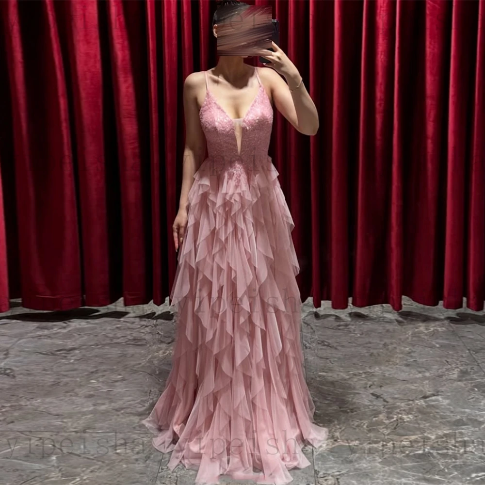 Maßgeschneiderte sexy Abendkleider mit tiefem V-Ausschnitt, rückenfrei, gestufte Rüschen, Pailletten, Perlenstickerei, Abendkleid, langes A-Linien-Geburtstagspartykleid
