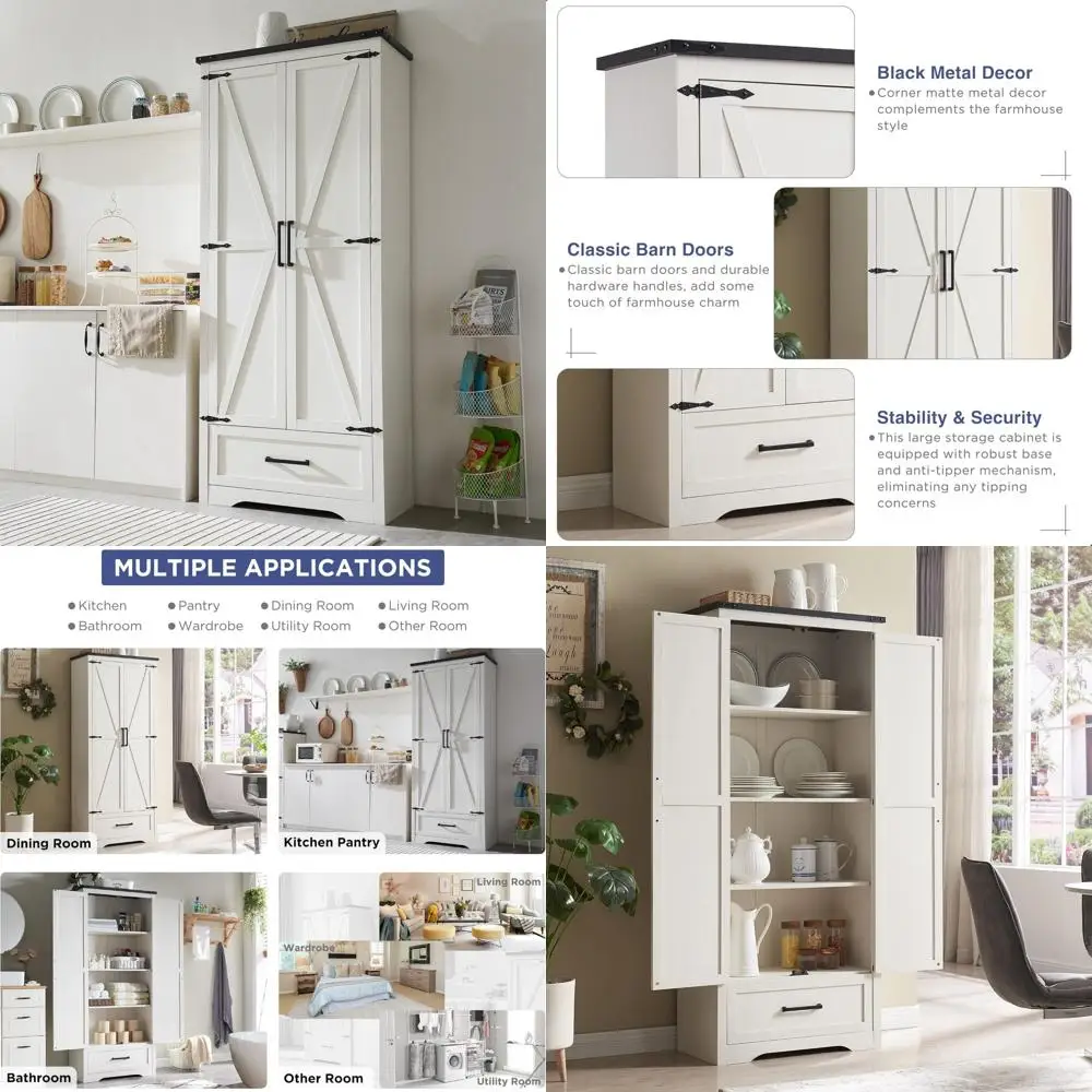 72 Inch Tall Wooden Kitchen Storage Cabinet with Adjustable Shelves, Barn Doors, and Drawer