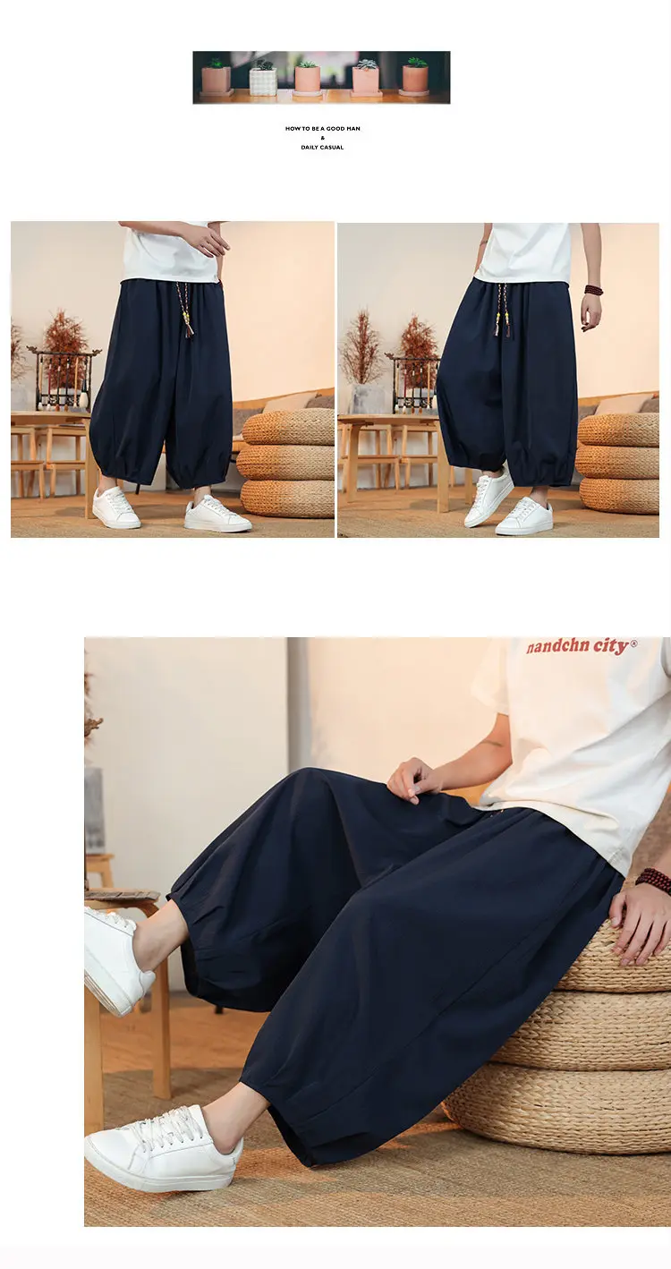 Sommerliche, atmungsaktive Sweatshirt-Hose für Herren, Eisseide, Leinenimitat, lockere, lässige, coole, kurze Hose im chinesischen Stil – Detail 25