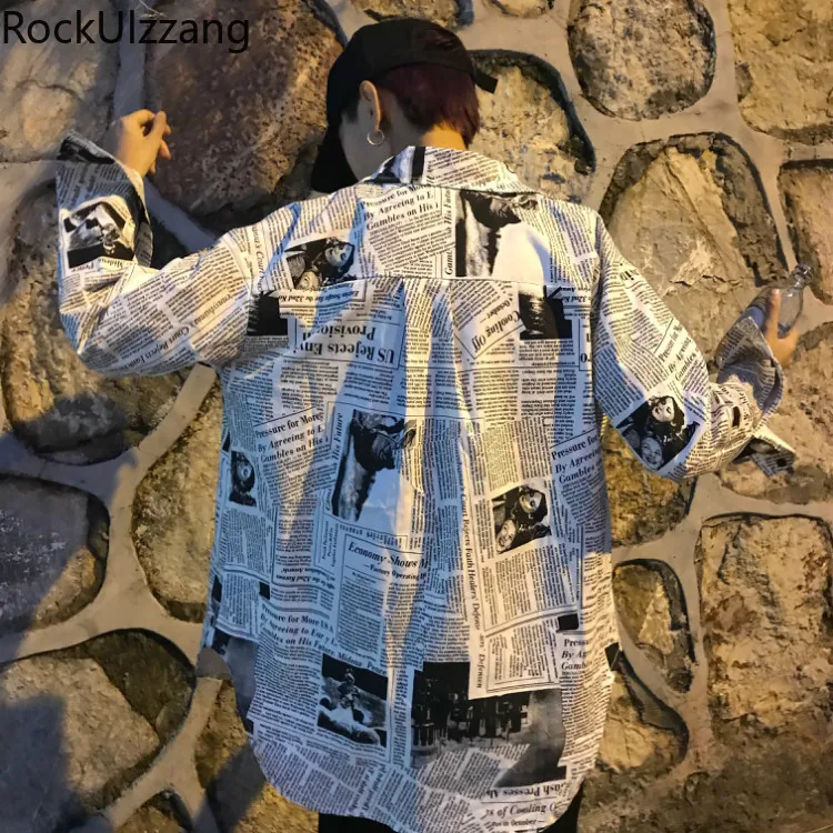 Three Quarter Sleeve Turn Collar Graffiti Newspaper Blouse Button Shirt Punk Hip Hop Streetwear Harajuku Plaid Top Japanese Men