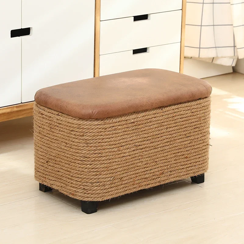 

Modern Shoe Changing Stool Storage Minimalist Living Room Foot Step Design Foot Stool Jute Made Braided Cushion Furniture