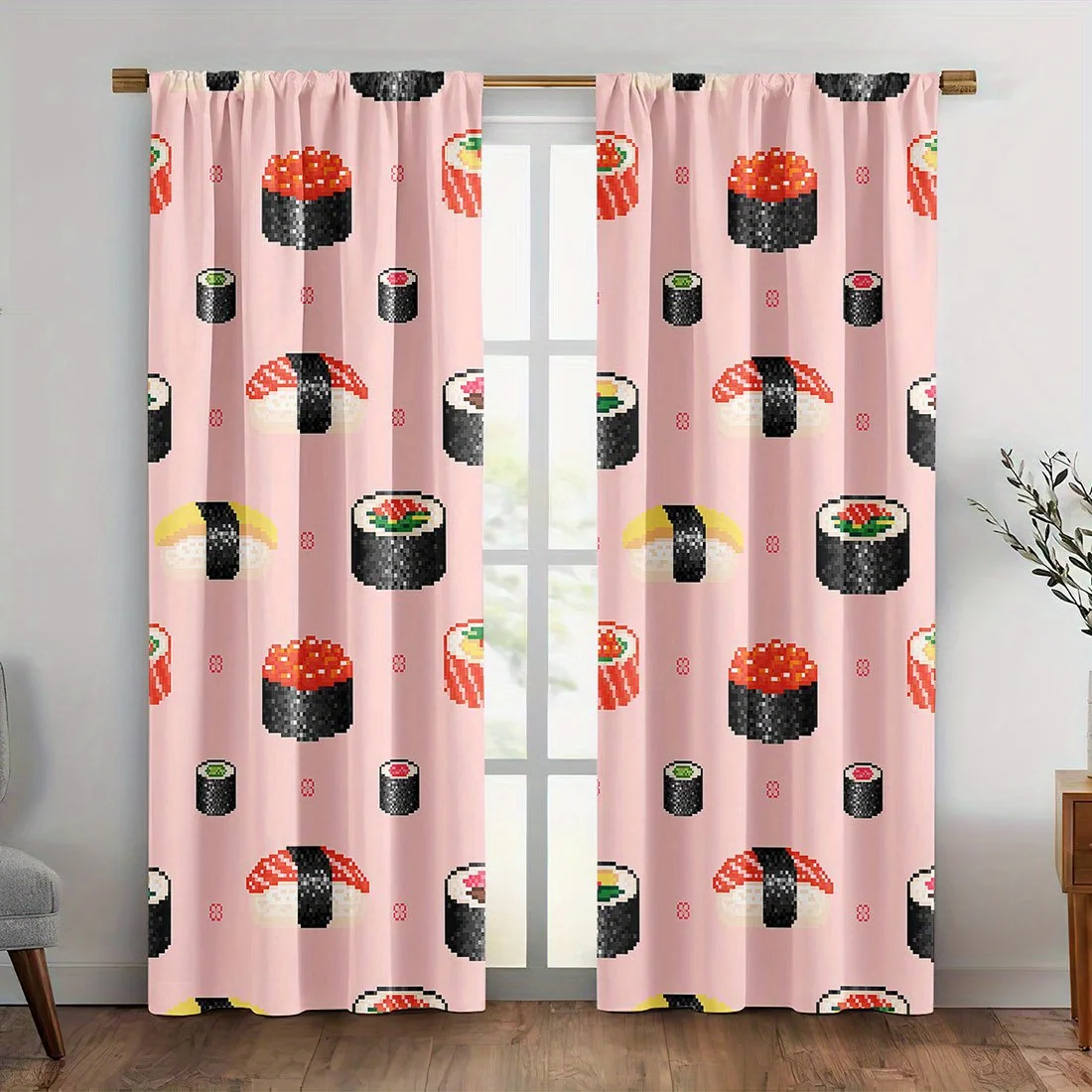 Cute Sushi Pattern Curtains Window Drapes Set for Living Room Japanese Home Decor Novelty Bento Box Food Print Curtains Panel