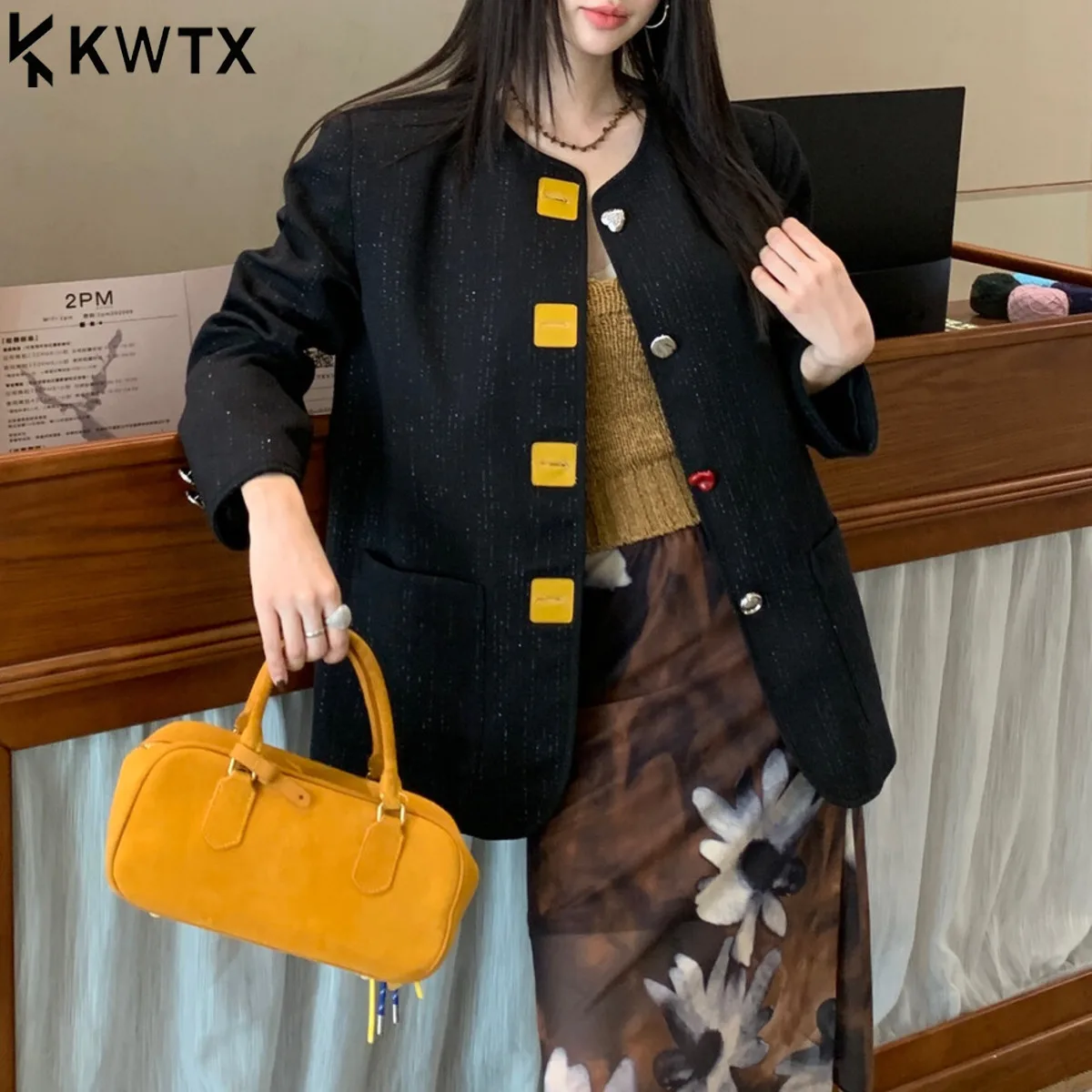 

KWTX 2025 осенний женский пиджак с круглым вырезом, однобортный, с карманами, повседневный, элегантный, винтажный, шикарный, роскошный, облегающий, премиум-класса