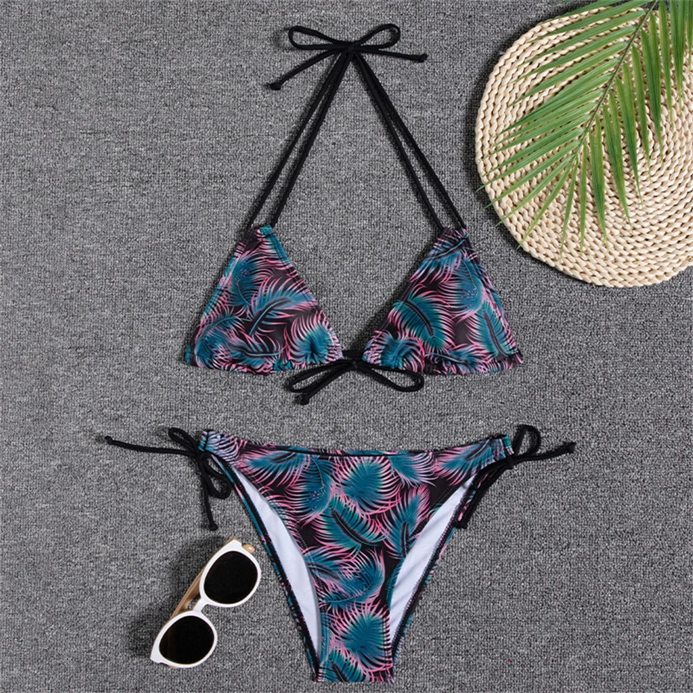 Sexy String Extrem bikini Set costume da bagno con stampa tropicale Backless Push Up costumi da bagno donna due pezzi abiti da spiaggia costume da bagno Biquini