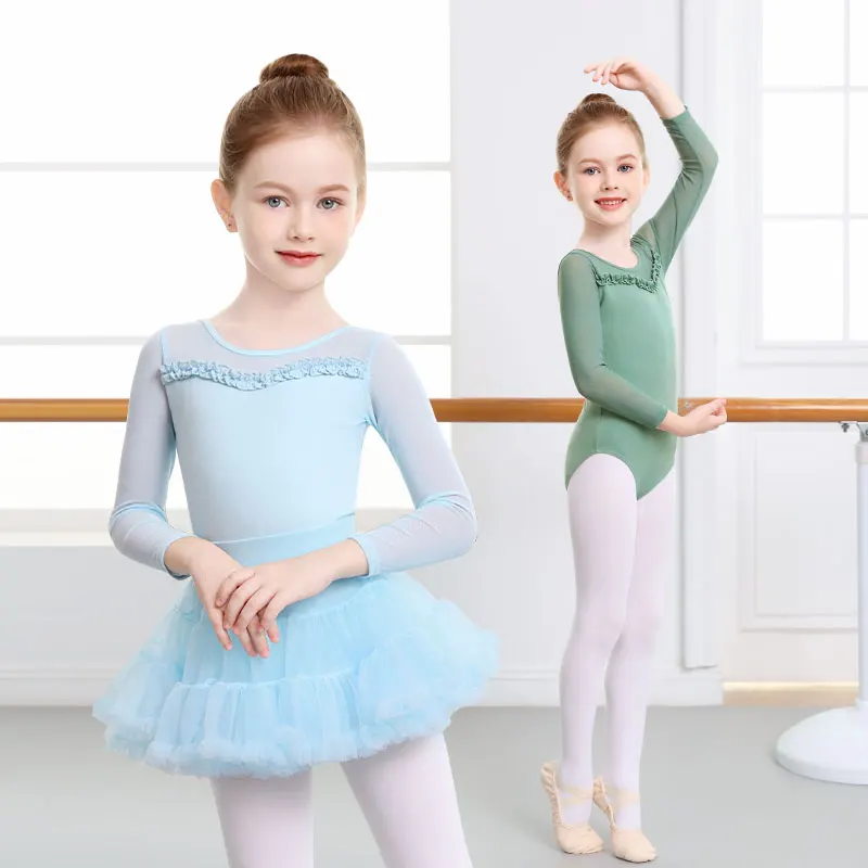 Girls Ballet Leotards Mesh Splice Long Sleeves Dance Leotards Child Gymnastic Leotard Kids Cotton Lace Ballet Dance Bodysuit