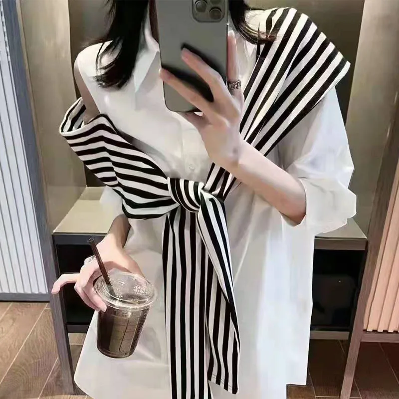 Korean Stylish Female Off Shoulder Spliced Solid Color Shirt Summer Striped Fake Two Pieces Casual Loose Blouse Women\'s Clothing