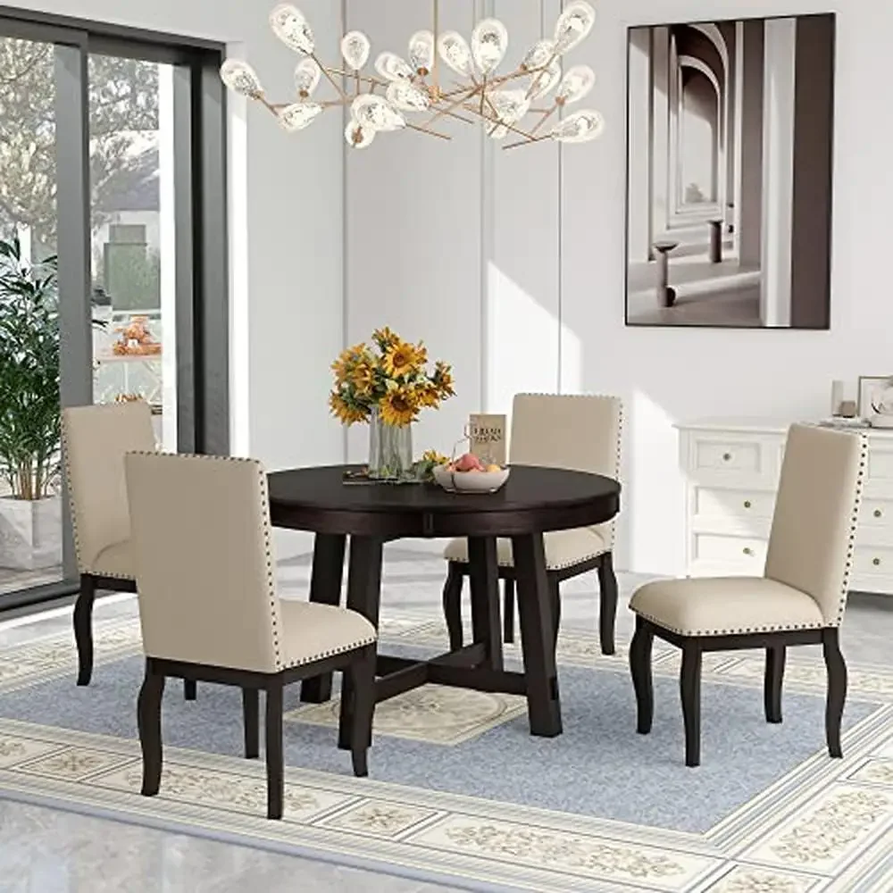 Round Extendable Dining Table Set with 4 Upholstered Chairs Elegant Farmhouse Kitchen Furniture