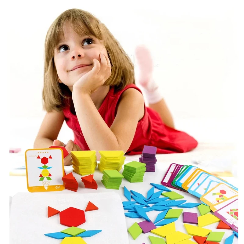ألغاز هندسية على شكل فارز كتل خشبية تطوير الخيال الألغاز المغناطيسية الآمنة Tangram اللون الهندسي التعليم المبكر
