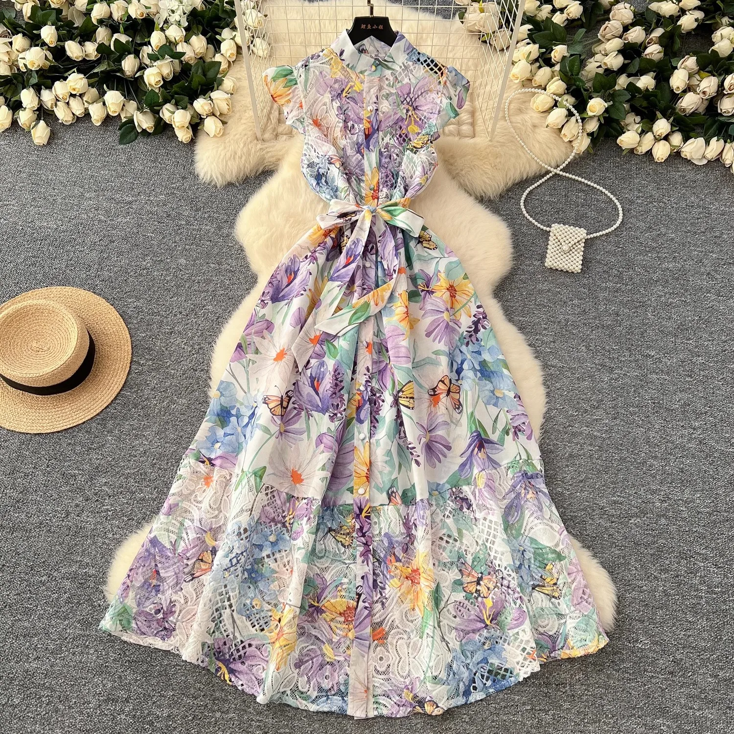 Summer Gorgeous Flower Embroidery Lace Spliced Wedding Dress Women Ruffles Sleeve Colorful Belt Long Robe Holiday Party Vestidos