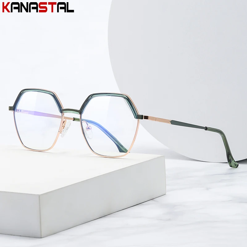 Women Glasses Frame TR Metal Polygon Eyewear Optical Blue Light Blocking Lenses Prescription Myopia Reading Colorful Eyeglasses