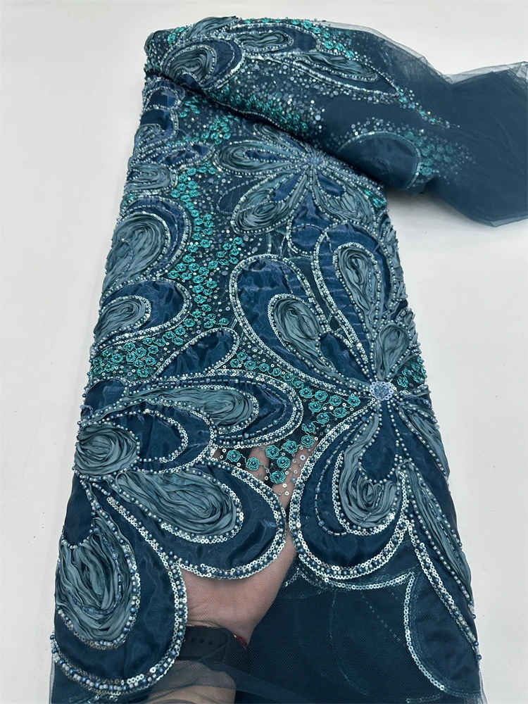 

Wholesale African Beaded Lace Fabric 2026 High Quality Nigerian Luxury Sequin Lace French Tulle Fabric for Party Dress
