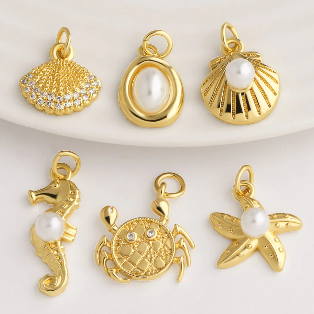 OCESRIO Small Pearl Seashell Starfish Crab CZ Charm Copper Gold Plated Ocean Pendant Finding Jewelry Making Component chma704