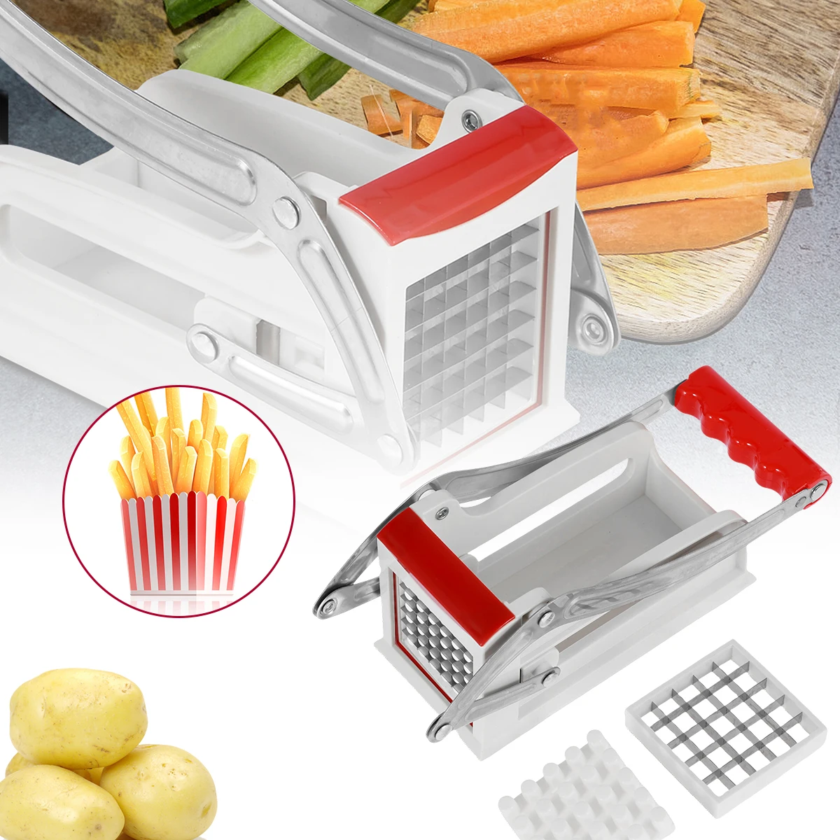 French Fry Cutter Stainless Steel Potato Chipper with 25/49Holes Blades Fast Cutting Manual Food Slicer Kitchen Vegetable Cutter