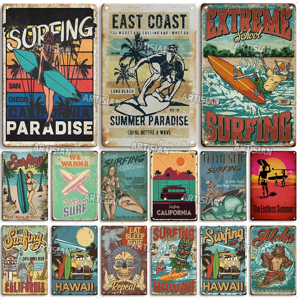 Vintage Metal Tin Sign Surfing Metal Poster Decorative Plate Classic Beach Metal Signs Home Bar Studio Wall Decor Metal Plaque