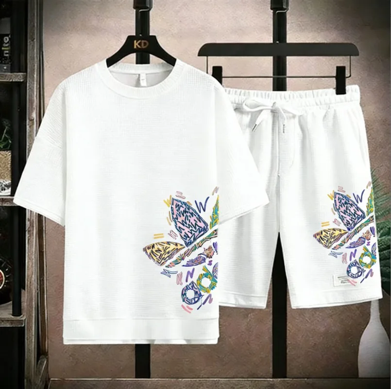 

Artistic Butterfly Waffle Tracksuit Men Abstract Print T-Shirt And Shorts Set Summer Fashion Outfit 2026