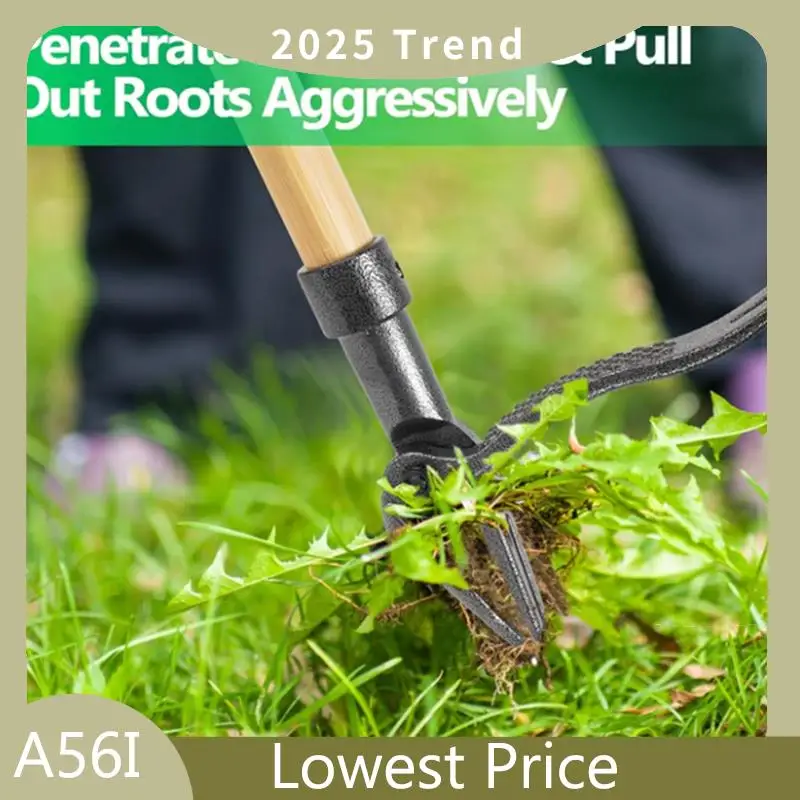 46 Inch Weed Puller Tool With Long Handle Bamboo Grip & 4 Claw Steel Head 3-Section Design For Stand Up Gardening Tool