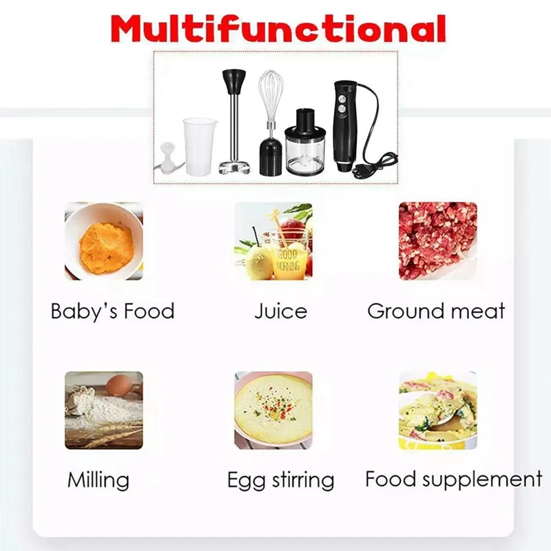 ABXF-4 في 1 خلاط عصا يدوية عالي الطاقة يتضمن المروحية وكوب عصير شفرة ثلج من الفولاذ المقاوم للصدأ بمقبس الاتحاد الأوروبي