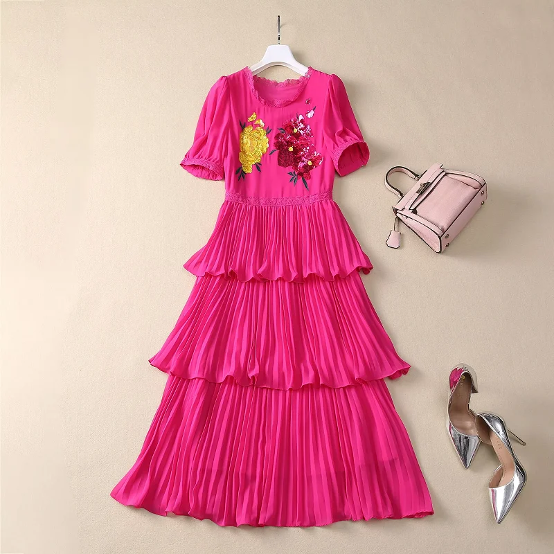 

Newest Fashion Summer Dress 2025 High Quality Lady Sequined Embroidery Short Sleeve Cascading Ruffle Midi Party Club Dress XXL