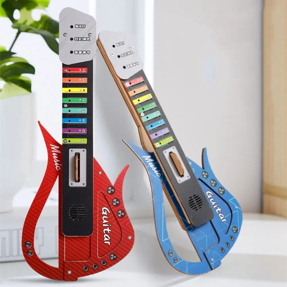 Tecnologia fai-da-te in legno Suono per chitarra elettrica Assemblaggio fai-da-te Chitarra musicale per bambini Puzzle portatile Giocattoli per strumenti musicali