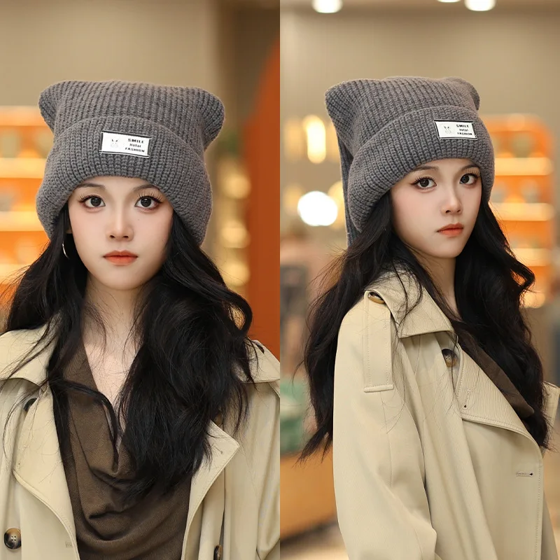 Autumn and Winter Long Rabbit Ear Woolen Hat for Women Sweet and Cute Warm and Ear-Protecting Patchwork Knitted Hat