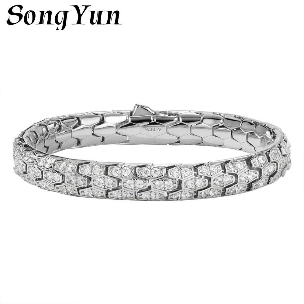 SONGYUN Joyería de Piedras Preciosas de Alto Contenido de Carbono para Mujer, Brazalete Suave de Plata de Ley S925 con Diseño de Hueso de Serpiente, Pulsera de Moda con Forma de Serpiente