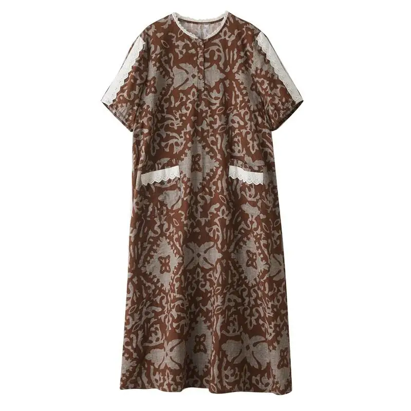 Abiti lunghi larghi midi floreali vintage in lino di cotone taglie forti a maniche corte con tasca Abito estivo ampio da donna coreano giapponese Mori