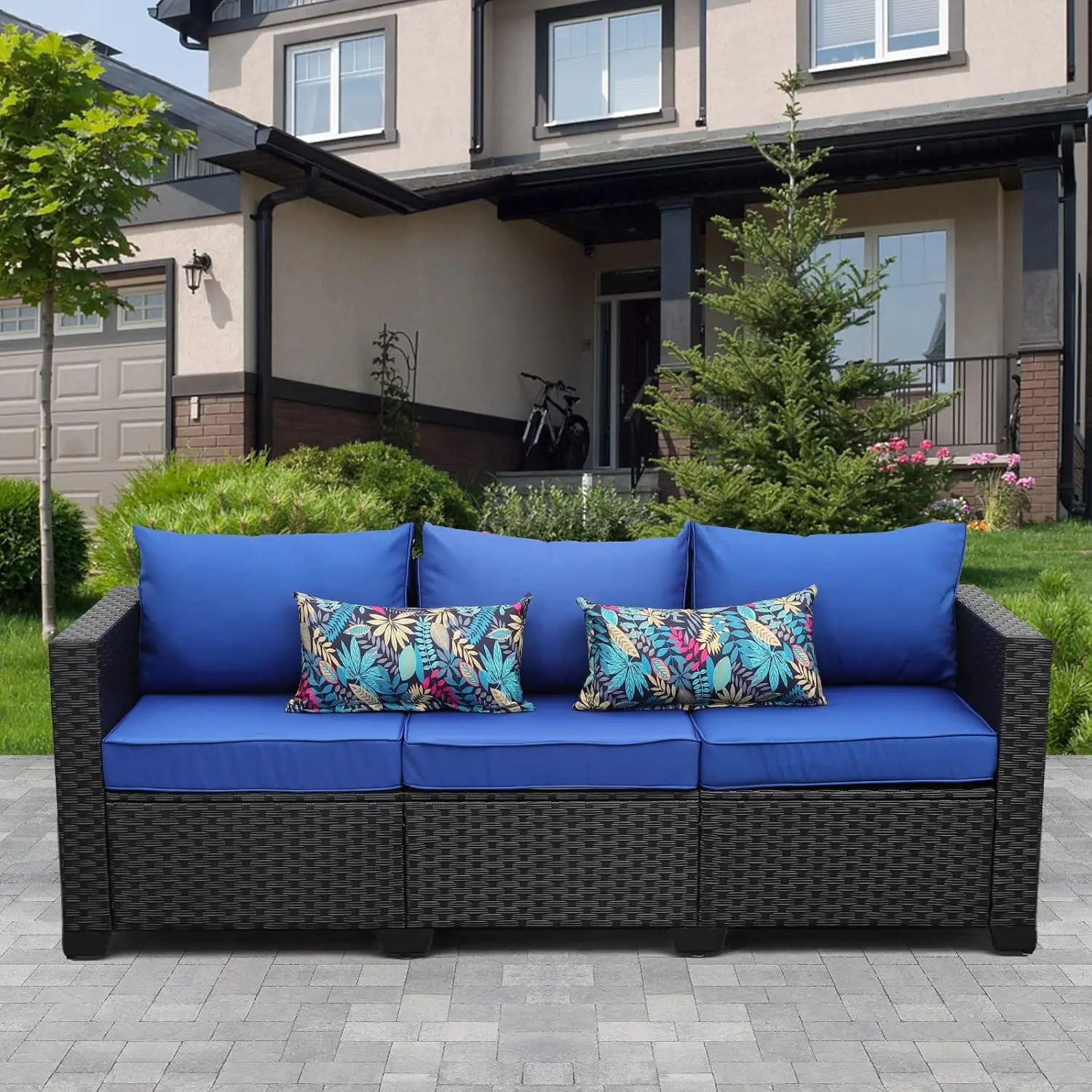 Patio Furniture 3-seat Sofa  Wicker Outdoor Furniture  Couch Deep Seat Hight Backrest with Waterproof Cover, Anti-Slip Cushions