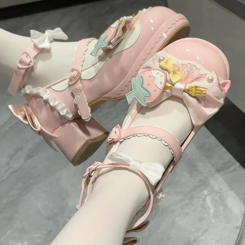 Original Sweet Pink Lolita Bow Heart Buckle Platform Chunky Heel Mary Janes Cosplay Party Shoes For Girls Large Size 3442
