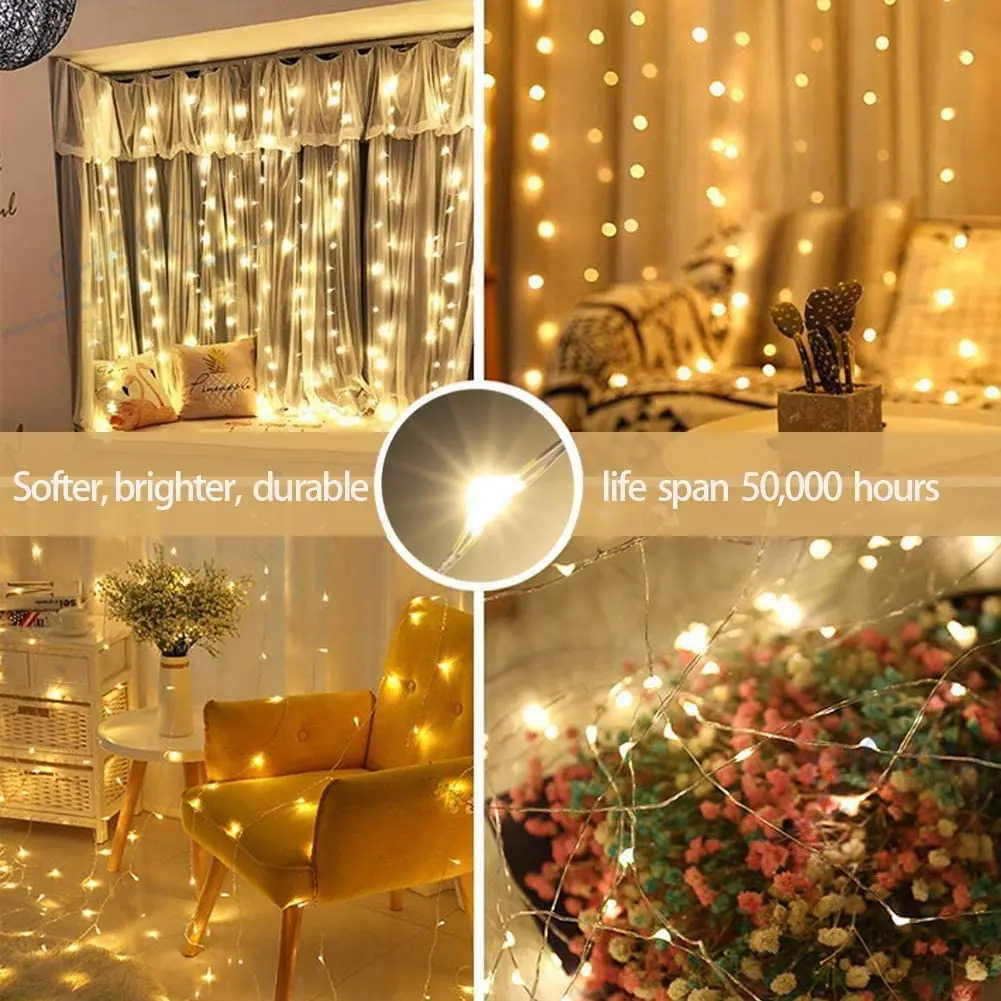 Cortina LED String Lights 3x1m Luz Quente Controle Remoto Quarto Feriado Casamento Decoração de Natal Fada Garland Lamp