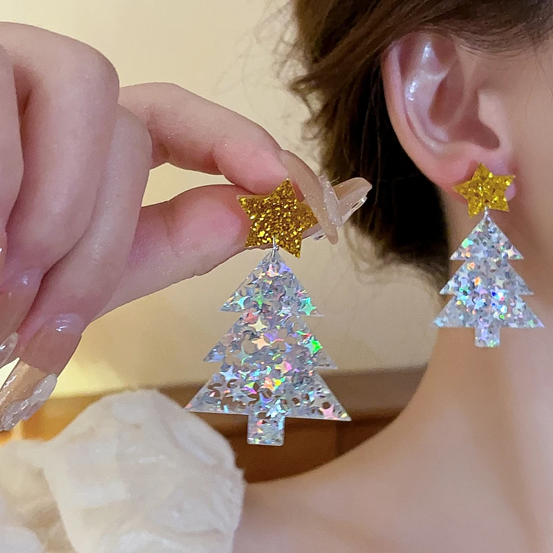 2 أزواج الراتنج نجوم أشجار عيد الميلاد سوبر التألق الملونة الترتر هندسية استرخى أقراط للنساء مهرجان الأذن مجموعات مجوهرات #4