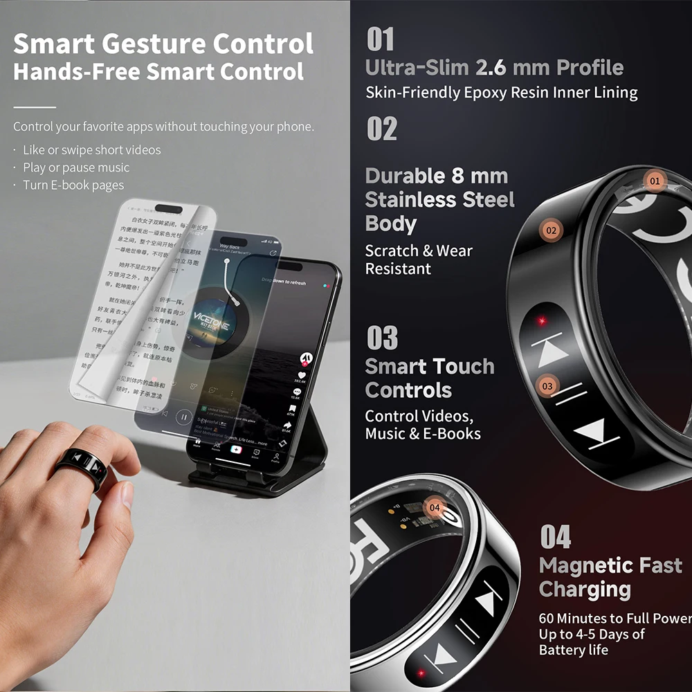2026 SY09 Touch Control Smart Ring IP68 Waterproof Stainless Stell Entertainment Control Men Women Finger Rings HR Blood Oxygen