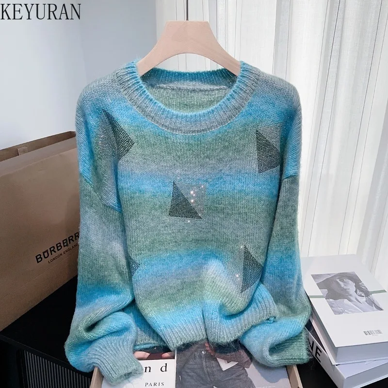 

Осень-зима, градиент цвета, ленивый стиль, свитер с круглым вырезом, женский топ, универсальный повседневный свободный вязаный пуловер, свитера, джемперы