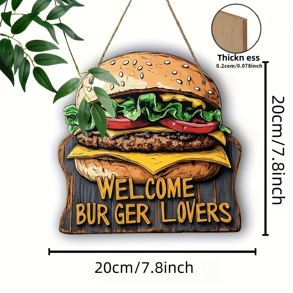 Hamburger Welcome Burger Lovers Wooden Sign 2D Flat Print Kitchen Cafe Restaurant Front Door Hanging Wall Decor Plaque