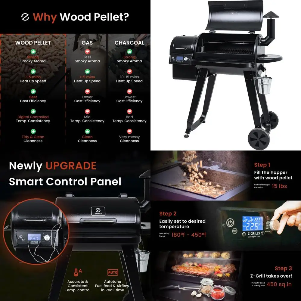 

8-в-1 PID V2.1 Гриль и коптильня на древесных гранулах, 459 кв. В. Приготовление пищи, зонд для мяса, складная полка, автоматический контроль температуры, черный