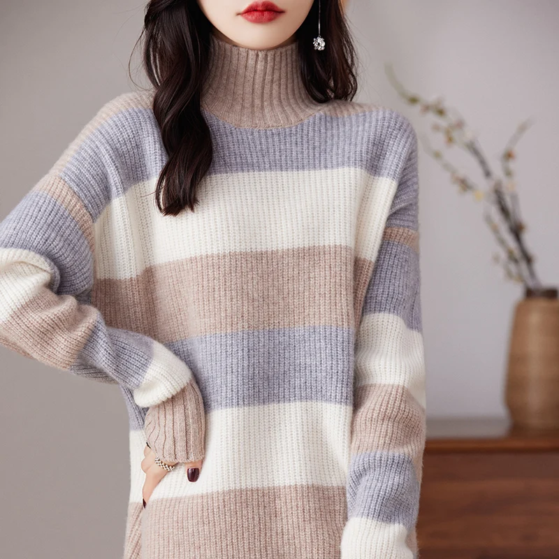 High Collar 100% Pure Wool Knitted Dress Women's Autumn Winter New Korean Long Sweater Pullover Soft Comfortable Cashmere Skirt