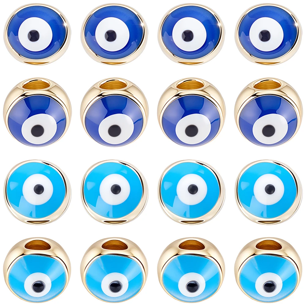20Pcs Enamel Beads Real 18K Gold Plated Brass Metal Blue Round Good Luck Turkish Devil Eyes Loose Spacer Bead with 2mm Hole