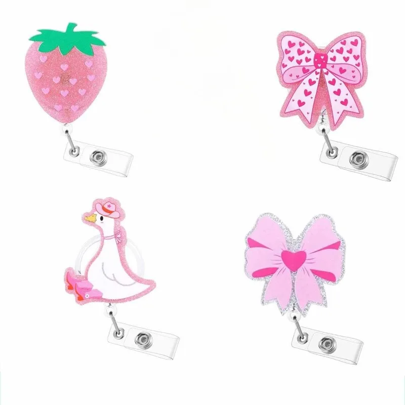 Retractable Glitter Acrylic Badge Reel Bowknot Style Nurse Doctor Student ID Card Lanyard Holder 1Pc