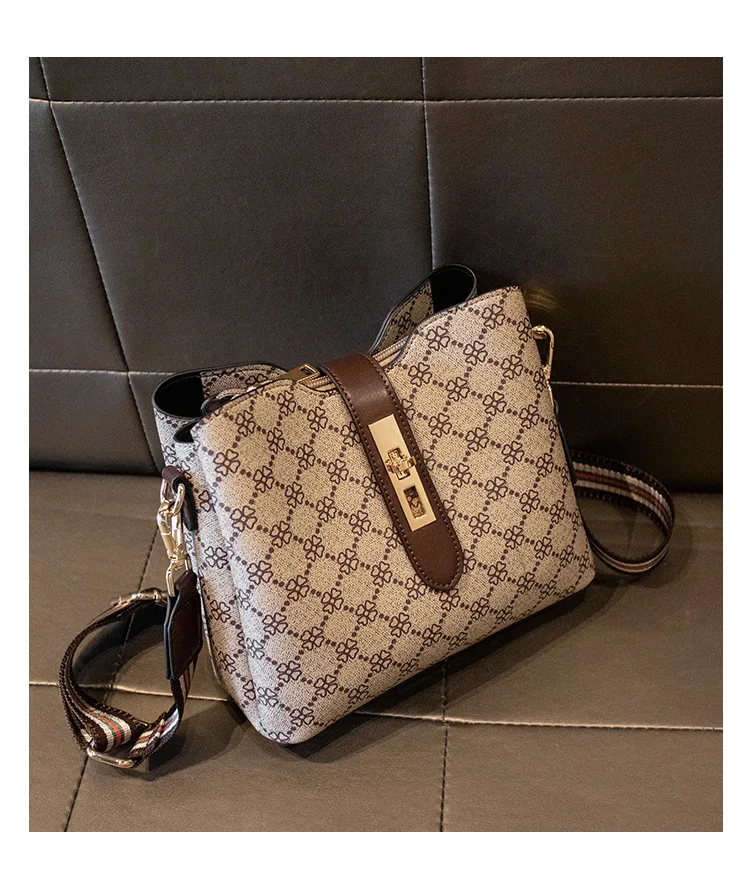 Women's Crossbody Handbag Monogram Pattern Canvas with Brown Leather Trim