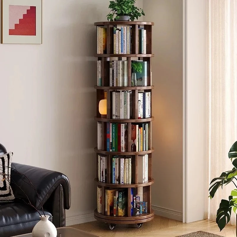 Advanced solid wood multi-layer rotating bookshelf, living room corner bookshelf, student bookshelf, mobile pulley storage rack