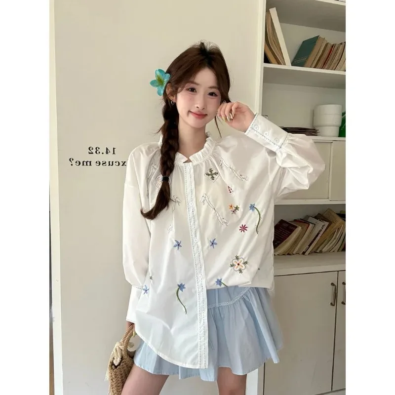 

Women's Plus Size Embroidered Floral Shirt Loose Vacation Style Long Sleeve Blouse