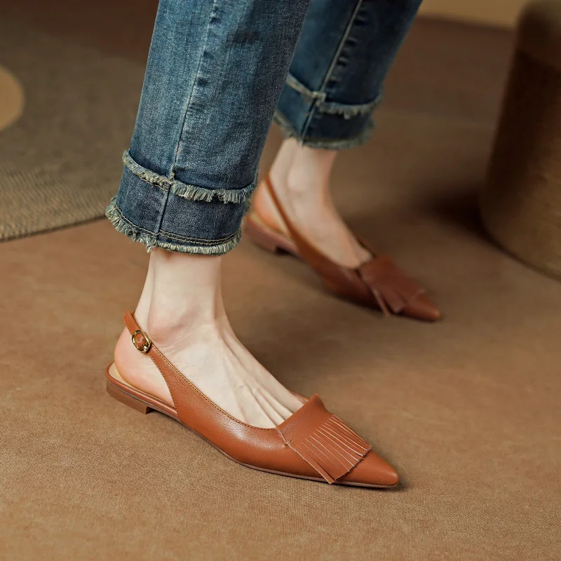 2024 Summer Sandals Shoes for Women Cover Toe Mules Casual Pointed Toe Chunky Heel Women Shoes Flat with Retro Genuine Leather