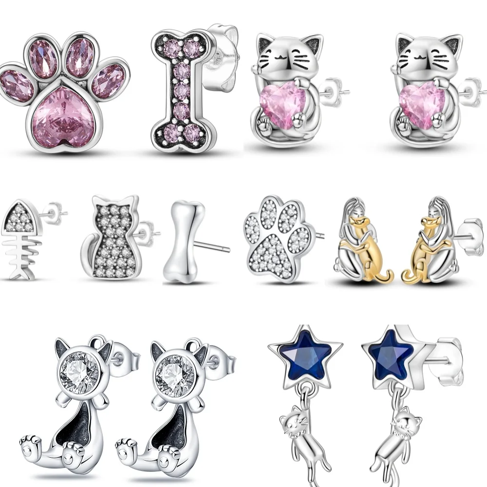 925 Sterling Silver Cat Dog Animal Paw Prints Series Stud Earring Zircon For Women Exquisite Daily Wear Biżuteria Akcesoria Prezent