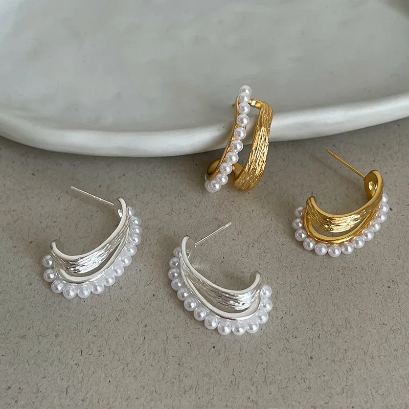 Minar Textured Hollow Out Double Layered Simulated Pearl Drape C Shaped Stud Earrings for Women Real Gold Silver Plated Copper