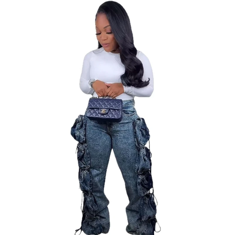Denim Pant Women Jeans Vintage Straight Long Pants High Waist Pocket Lace Up Trousers Y2k Streetwear Elegant Splice Cargo Casual