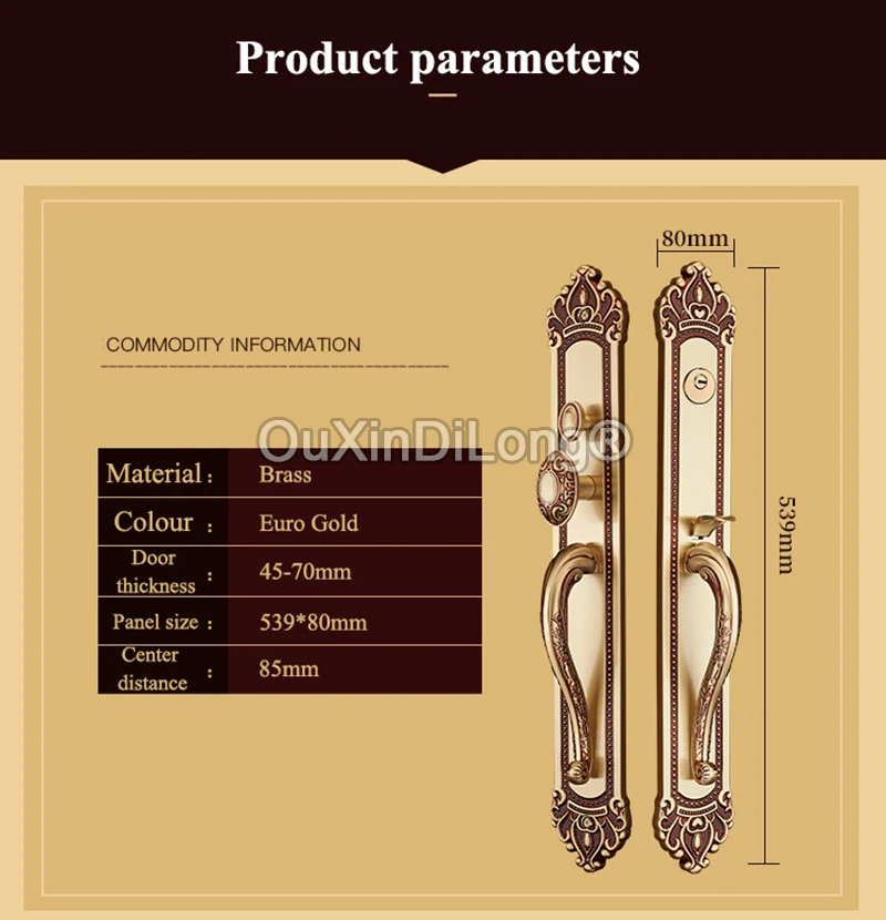 1Set Luxury American Villa Brass Door Lock Entry Door Handle Real and Dummy Gate Door Locks Double-Open Folio Door Lock GF1058