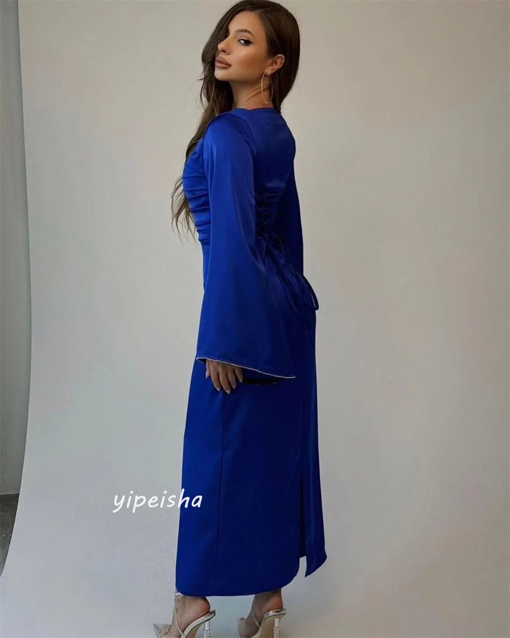 Customized  Jersey Sequined Ruched Evening A-line Square Neck Bespoke Occasion Gown Midi Dresses