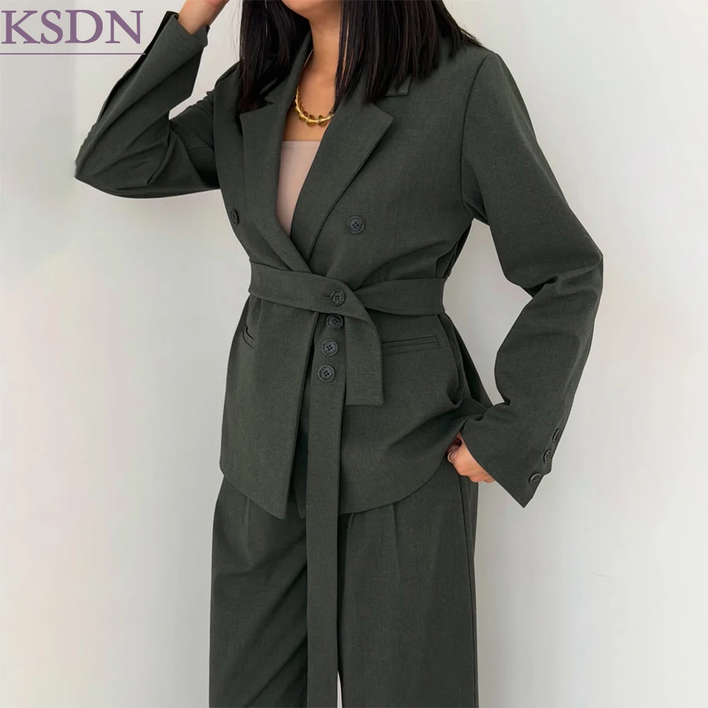 Belted Women's Suts Customized Solid Color Back Vent Double Breasted Notch Lapel Blazer Office Lady 2 Piece Jacket Pants Set s